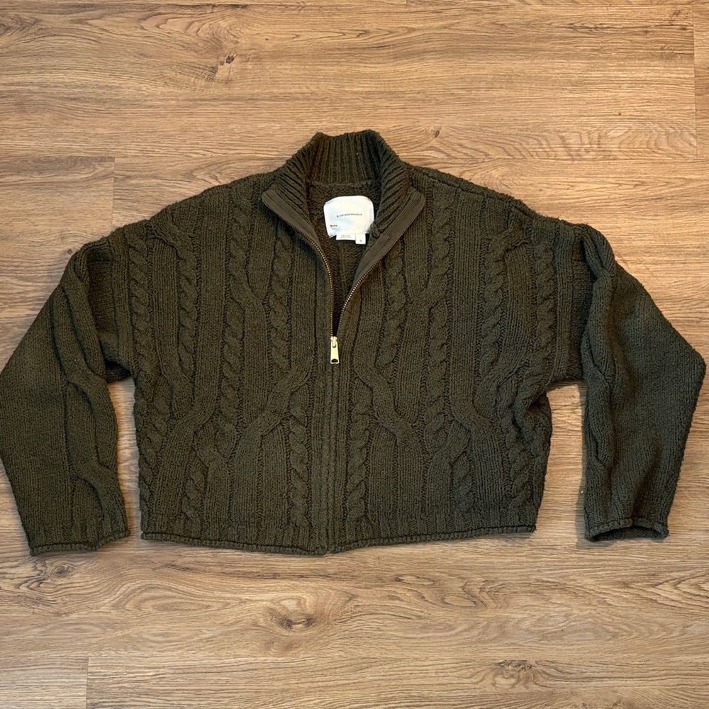 Anthropologie Dark Green Knit Full Zip Up Cardigan